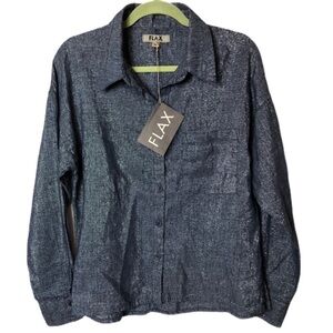 Flax lagenlook blue and silver linen/cotton button front top New With Tags